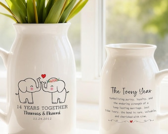 Personalized 14th Ivory Wedding Anniversary Vase, The Ivory Year Plant Pot, Elaphants Pot for Anniversary Gift, 14th Married Gift for Couple