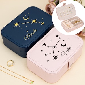 Niestandardowe skórzane pudełko na biżuterię ze znakiem zodiaku, pudełko na biżuterię z nazwą konstelacji, pudełko na biżuterię podróżną, prezent na dzień matki, prezent dla druhny, prezent dla niej