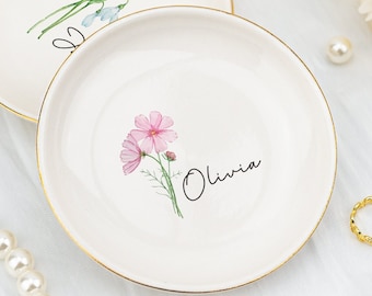 Personalised Birth Flower Trinket Dish, Watercolor Flower Ring Dish, Birthday Jewelry Dish Gift for Friend, Wedding Bridesmaid Gift, Engaged