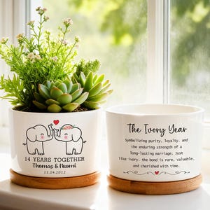 14th Ivory Wedding Anniversary Plant Pot, Personalized The Ivory Year Pot for Wife, 14th Wedding Anniversary Gift for Couple, Elephants Pot