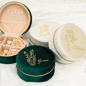 Personalisierte Samt Schmuckschatulle, Geburtsblume Schmuckschatulle, Mama Reise Schmuckschatulle, Frauen Geburtstagsgeschenk, Blumen Ohrringe Box für Sie, Schmuckschatulle