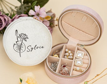 Birth Flower Jewellery Box,Round Velet Jewelry Travel Box,Personalised  Floral Jewelry Case,Birthday Gift,Gift for Mom/Her,Bridesmaid Gift