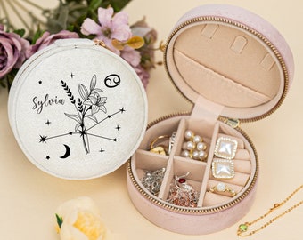 Benutzerdefinierte Geburtsblume Schmuckschatulle, Floral Sternzeichen Schmuck Organizer,Velet Schmuck Reisebox, personalisiertes Geburtstagsgeschenk, Brautjungfer Geschenk