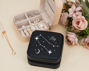 Leather Zodiac Sign Jewelry Box, Constellation Name Jewelry Box, Personalized Travel Jewelry Box for Her, Mother's Day Gift, Bridesmaid Gift