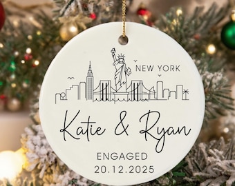 Personalized Skyline Engagement Bauble, City Skyline Just Married Gift, First Valentines Engaged Ornament for Couples, City Attractions Gift