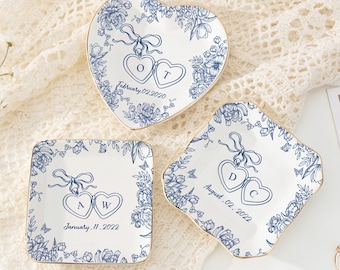 Personalized Locked Ring Dish, Wedding Gift for Couple, Toile De Jouy Jewelry Dish, Sentimental Gift for Bride, Engagement Gift, Anniversary