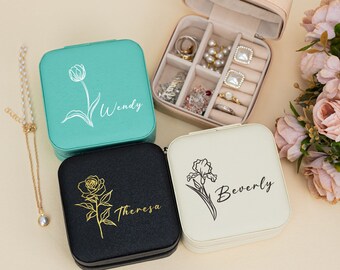 Personalized Birth Flower Jewelry Box, Jewelry Box for Her, Wedding Party Gift, Bridesmaids Gift, Travel Jewelry Case, Mother's Day Gifts