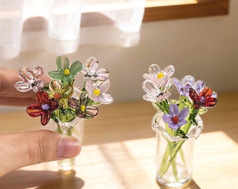 Handmade Glass Birth Flower Bouquet, Mini Floral Art Figurine, Crystal Clear Home Decor, Mothers Day Gift