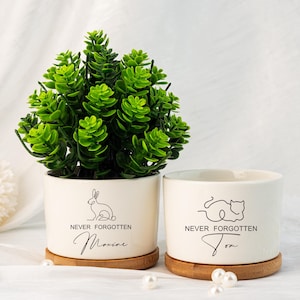 May include: Two off-white ceramic planters with bamboo bases. One contains a green artificial plant. Both feature black line art of a rabbit and a cat, respectively, with the text "NEVER FORGOTTEN" and the names "Maxine" and "Tom" printed below.