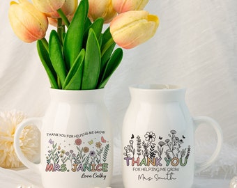 Personalized Teacher Vase, Teacher Appreciation Gift, Ceramic Flower Vase Gift for Teaching Assistant, Thank you for Helping me Grow Vase
