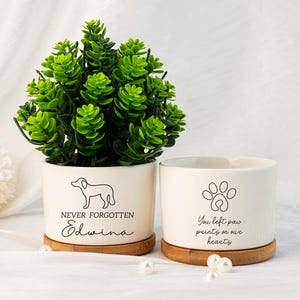 May include: Two white ceramic planters with bamboo saucers. One features a dog silhouette and the text "NEVER FORGOTTEN Edwina". The other has a paw print and the text "You left paw prints on our hearts". A green plant sits in one.