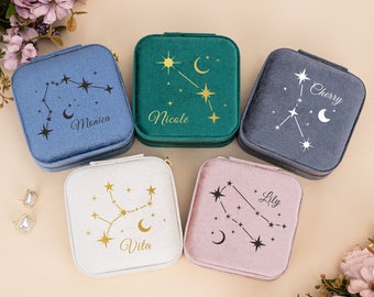 Velvet Zodiac Sign Jewelry Box, Personalized Star Sign Name Jewelry Box, Travel Jewelry Box for Her, Mother's Day Gift, Birthday Gift