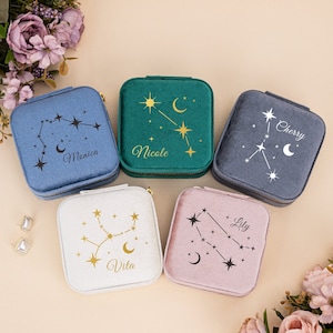 Velvet Zodiac Sign Jewelry Box, Personalized Star Sign Name Jewelry Box, Travel Jewelry Box for Her, Mother's Day Gift, Birthday Gift