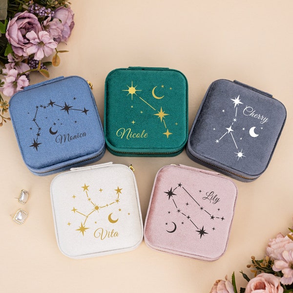 Velvet Zodiac Sign Jewelry Box, Personalized Star Sign Name Jewelry Box, Travel Jewelry Box for Her, Mother's Day Gift, Birthday Gift