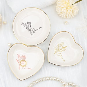 Plato de joyería personalizado, plato de joyería para fiesta de bodas para dama de honor, plato de baratijas con flores de nacimiento personalizado, regalo para ella/mamá/hermana, regalo de cumpleaños