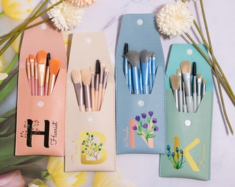 Personalised Letter & Flower Makeup Brush Set,Mother's Day Gift,Leather Travel Makeup Brush Set,Bridesmaid Gift,Wedding Gift,Gift for Her