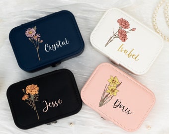 Birth Flower Jewellery Box for Women,Personalised Leather Travel Jewelry Case,Mothers Day Gift,Wedding Favors,Bridesmaid Gift,Gift for Her