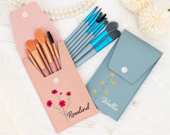 Personalisierte bunte Blume Make-up Pinsel Set, Leder Reise Make-up Pinsel Set, Brautjungfer Geschenk, Hochzeitsgeschenke, Geschenk für Sie, Muttertagsgeschenk