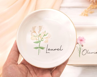 Personalised Birth Flower Trinket Dish, Watercolor Flower Ring Dish, Birthday Jewelry Dish Gift for Friend, Wedding Bridesmaid Gift, Engaged