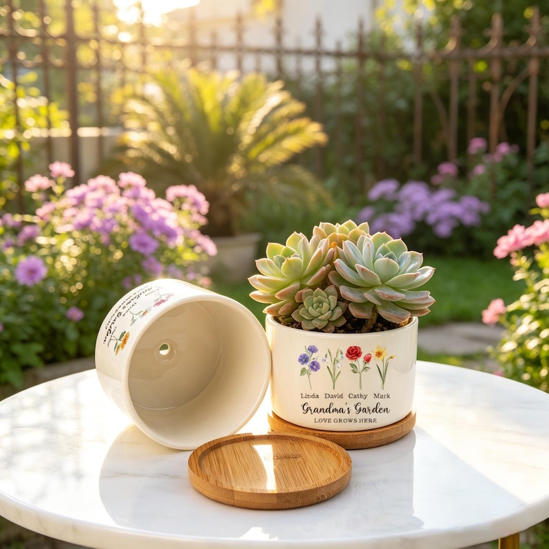 K&ouml;nnte beinhalten: Ein wei&szlig;er Keramik-Blumentopf mit einer Sukkulentenpflanze, einem Bambus-Untersetzer und einem leeren Topf. Der Topf tr&auml;gt die Aufschrift "Grandma's Garden" und "Love Grows Here" mit floralen Illustrationen. Die Szene spielt sich im Freien ab.