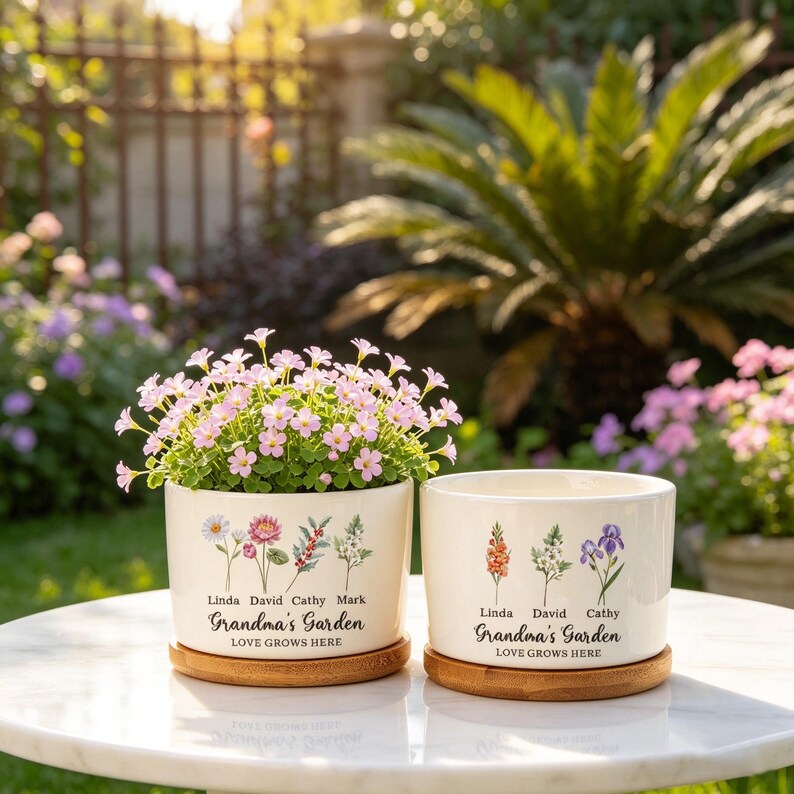 K&ouml;nnte beinhalten: Zwei cremefarbene Keramik-Blument&ouml;pfe mit floralen Designs und dem Text "Grandma's Garden". Ein Topf enth&auml;lt rosa bl&uuml;hende Pflanzen. Beide stehen auf Bambus-Untersetzern. Der Text "LOVE GROWS HERE" ist ebenfalls aufgedruckt.