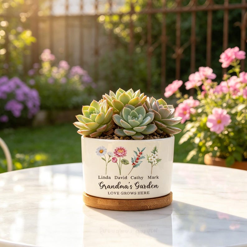 K&ouml;nnte beinhalten: Ein wei&szlig;er Keramik-Pflanztopf mit einer Sukkulenten-Anordnung. Der Topf ist mit floralen Illustrationen und dem Text "Grandma's Garden LOVE GROWS HERE" mit Namen verziert. Er steht auf einem runden Holzsockel.