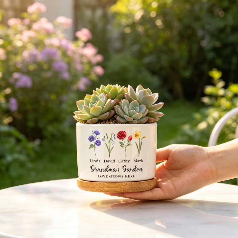 K&ouml;nnte beinhalten: Ein wei&szlig;er Keramik-Blumentopf mit Bambusfu&szlig;, gef&uuml;llt mit Sukkulenten. Der Topf ist mit Blumenillustrationen und dem Text "Grandma's Garden, Love Grows Here" mit Namen verziert. Der Topf wird von einer Person gehalten.