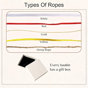 Puede incluir: Un gr&aacute;fico titulado Types Of Ropes muestra cinco cuerdas horizontales etiquetadas como White, Red, Gold, Yellow y Hemp Rope. Debajo, una caja de regalo cuadrada blanca con interior negro aparece junto al texto Every bauble has a gift box.