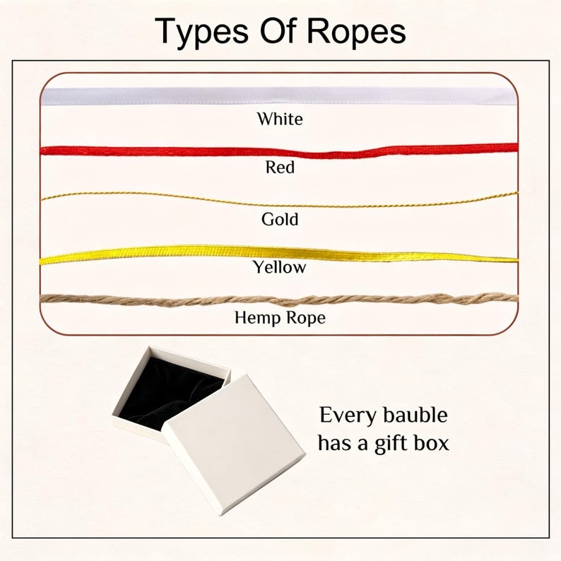Puede incluir: Un gr&aacute;fico titulado Types Of Ropes muestra cinco cuerdas horizontales etiquetadas como White, Red, Gold, Yellow y Hemp Rope. Debajo, una caja de regalo cuadrada blanca con interior negro aparece junto al texto Every bauble has a gift box.