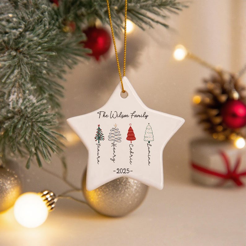 May include: A white star-shaped ceramic ornament hanging by a gold string. It features the text The Wilson Family and 2025, with four stylized Christmas tree illustrations, each labeled with the names Maura, Henry, Cedric, and Lumina.