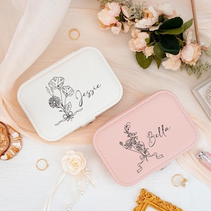 Portagioie in pelle personalizzato con fiore di nascita, portagioie per donne e ragazze, portagioie da viaggio per lei, regalo per damigelle d'onore e festa nuziale