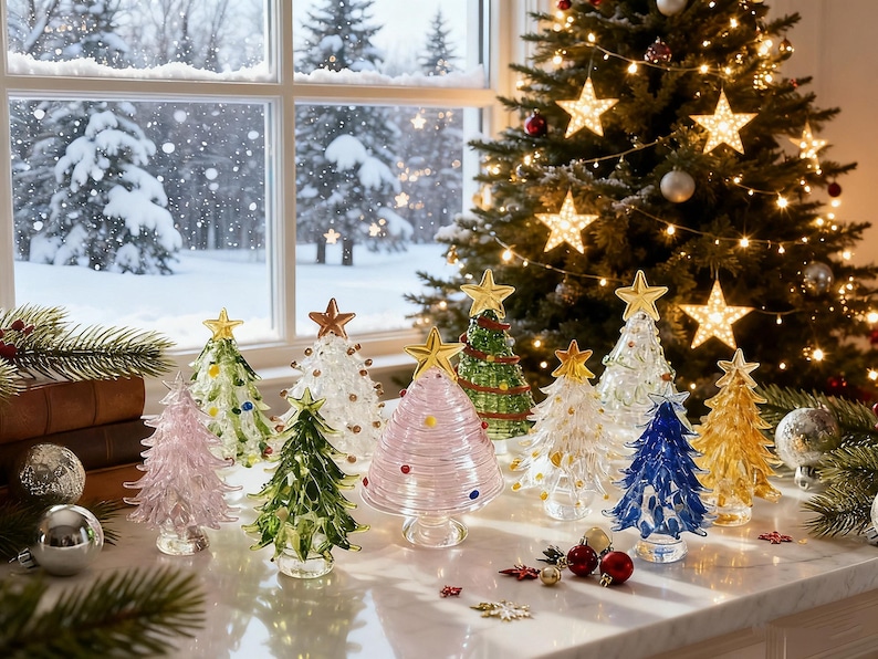Op de afbeelding: Een verzameling kleine, decoratieve kerstboompjes van glas in diverse kleuren zoals roze, groen, blauw, geel en transparant, elk bekroond met een gouden ster. De boompjes hebben geribbelde oppervlakken en staan opgesteld op een witte ondergrond.