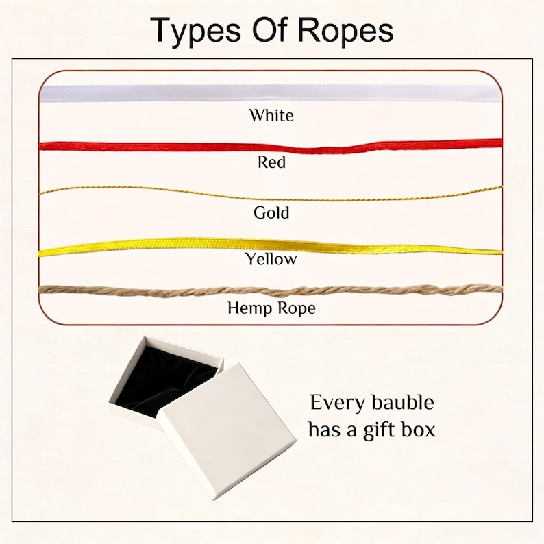 May include: A chart titled Types Of Ropes displays five horizontal strands labeled White, Red, Gold, Yellow, and Hemp Rope. Below, a white square gift box with a black interior is shown with the text Every bauble has a gift box.