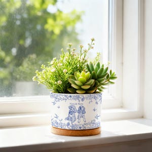 Custom Pet Portrait Planter, Pet Memorial Plant Pot, Dog Cat Succulent Planter, Mini Plant Pot Toile De Jouy Pet Photo Pot, Sympathy Gift image 4