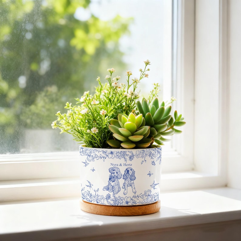 Custom Pet Portrait Planter, Pet Memorial Plant Pot, Dog Cat Succulent Planter, Mini Plant Pot Toile De Jouy Pet Photo Pot, Sympathy Gift image 4