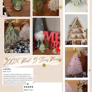 Op de afbeelding: Een collectie miniatuur kerstbomen van glas in diverse kleuren zoals groen, transparant en roze, elk bekroond met een gouden ster. De bomen zijn voorzien van gedraaide glasdraadontwerpen met kleine gekleurde glaskralen en heldere glazen voetjes.