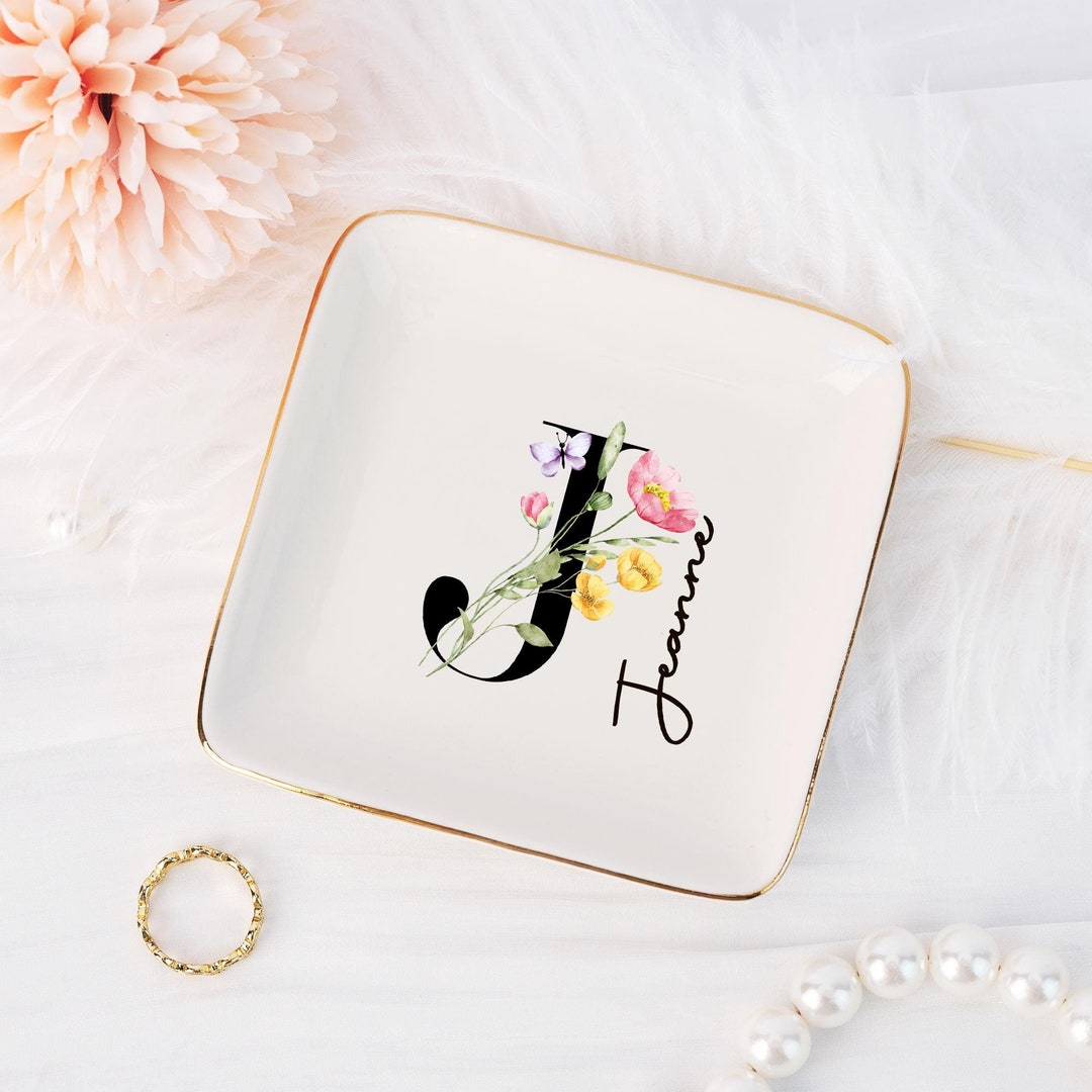 Coloful Flower Ring Dish With Letter, Personalized Initial Jewelry Dish ...