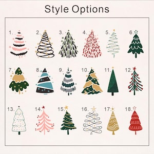 May include: A chart titled Style Options displaying eighteen distinct graphic illustrations of Christmas trees numbered one through eighteen, featuring various colors, patterns, and shapes including solid, outlined, and star-topped designs.