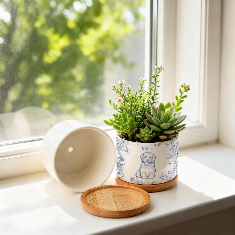 May include: A white ceramic planter with a blue illustration of a dog and floral design, holding a succulent plant. The planter sits on a wooden saucer. A second, empty planter is next to it. The word "Miller" is printed on the planter.