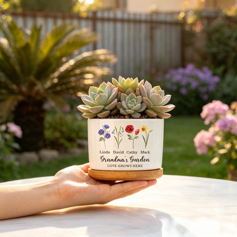 K&ouml;nnte beinhalten: Ein wei&szlig;er Keramik-Blumentopf mit einer Sukkulenten-Anordnung, gehalten auf einer Holzuntertasse. Der Topf ist mit floralen Illustrationen und dem Text "Grandma's Garden, Love Grows Here" mit Namen verziert. Der Hintergrund zeigt einen Garten.