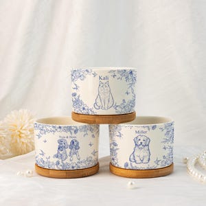 May include: Three ceramic pet planters with bamboo saucers. Each planter features a blue illustration of a cat or dog with the pet's name. The planters are decorated with blue floral and bird designs. The names on the planters are "Kali", "Nyra & Hertz", and "Miller".