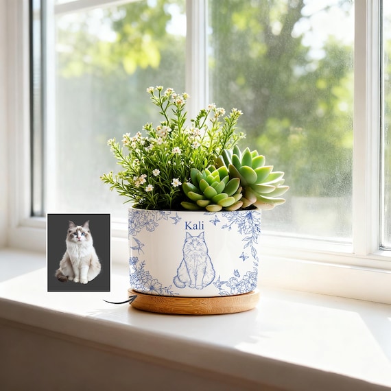 Custom Pet Portrait Planter, Pet Memorial Plant Pot, Dog Cat Succulent Planter, Mini Plant Pot Toile De Jouy Pet Photo Pot, Sympathy Gift