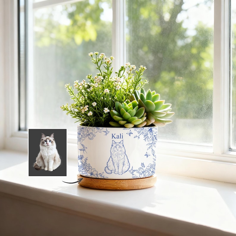 May include: A white ceramic planter with a blue cat illustration and the name "Kali". The planter is filled with green succulents and white flowers. It sits on a wooden saucer, placed on a windowsill.