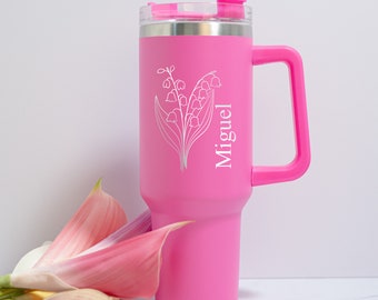 Personalized 40oz Birth Flower Tumbler, Engraved Tumbler with Handle, Travel Mug for Her, Bridesmaid Gifts, Mother's Day Gift, Birthday Gift