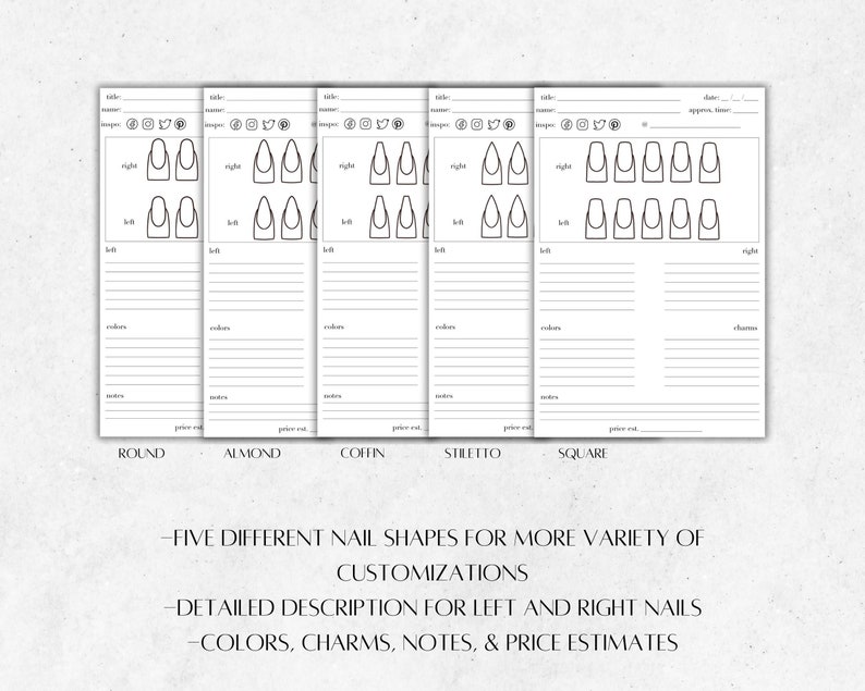 FIVE Nail Shapes Art Templates Press on Nails & Nail Technicians