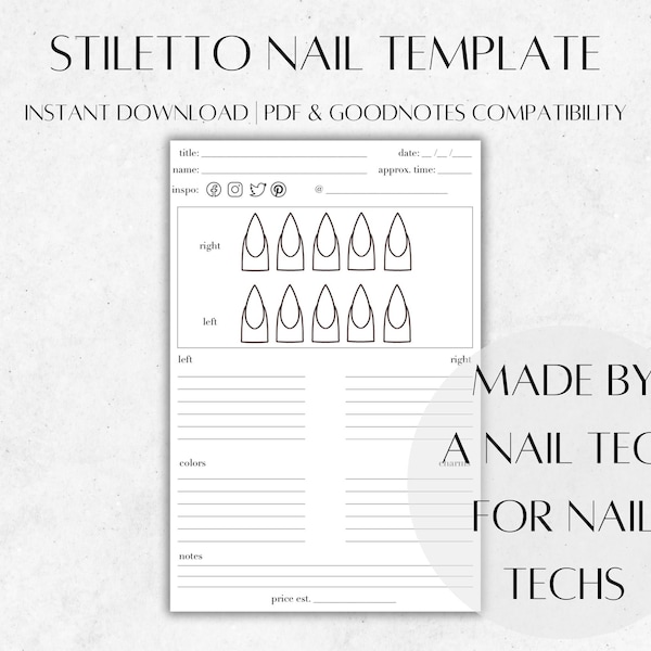 Stiletto Nail Template | Nail Design & Practice Template | Digital Download | Nail Art Practice | Printable | GoodNotes