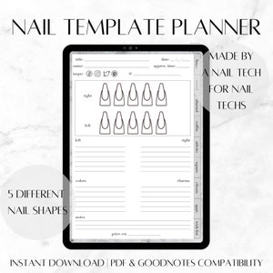 Peut inclure: Un modèle de planificateur numérique imprimable pour les techniciennes en ongles. Le modèle comprend des sections pour les informations sur les clients, la forme des ongles, les couleurs, les charmes, les notes et les estimations de prix. Le modèle comprend également un guide visuel pour différentes formes d'ongles, notamment rondes, en amande, en cercueil, en stiletto et carrées.