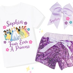 Four Ever a Princess Birthday Outfit Set, Disney Princess Birthday Shirt, Disney Trip Birthday Shirt, Pink Shorts, Matching Bow
