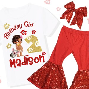 May include: A white t-shirt with a graphic of a cartoon girl, pig, and the text "Birthday Girl 2 Madison". The outfit includes red sequin flare pants and a matching bow.