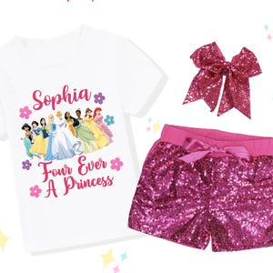 Four Ever Princess Birthday Outfit, Girls' Personalized Shirt, Sequin Shorts, Hairbow